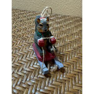 Handcrafted Wooden Squirrel On Sled Christmas Ornament